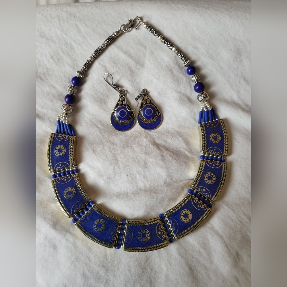 Genuine Composite Lapis Lazuli Tibetan Silver Necklace and earrint set